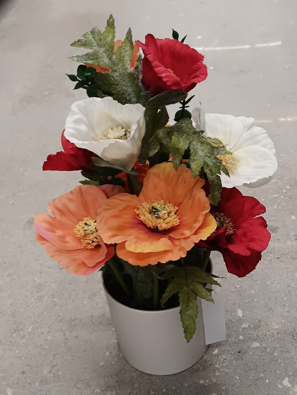 Artificial Poppy Floral Arrangement in White Vase - Orange, Red & White